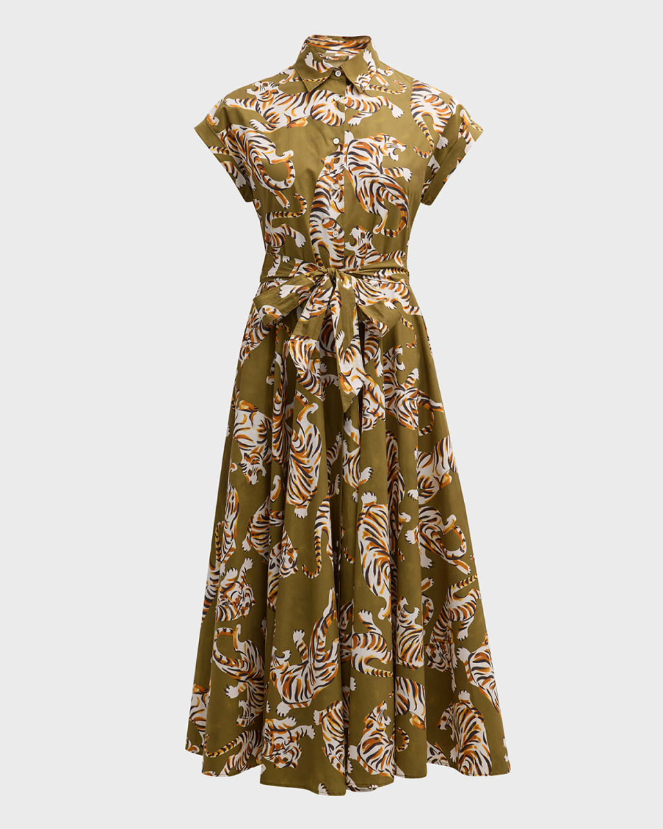 Danielle Cap-Sleeve Tiger-Print Midi Shirtdress